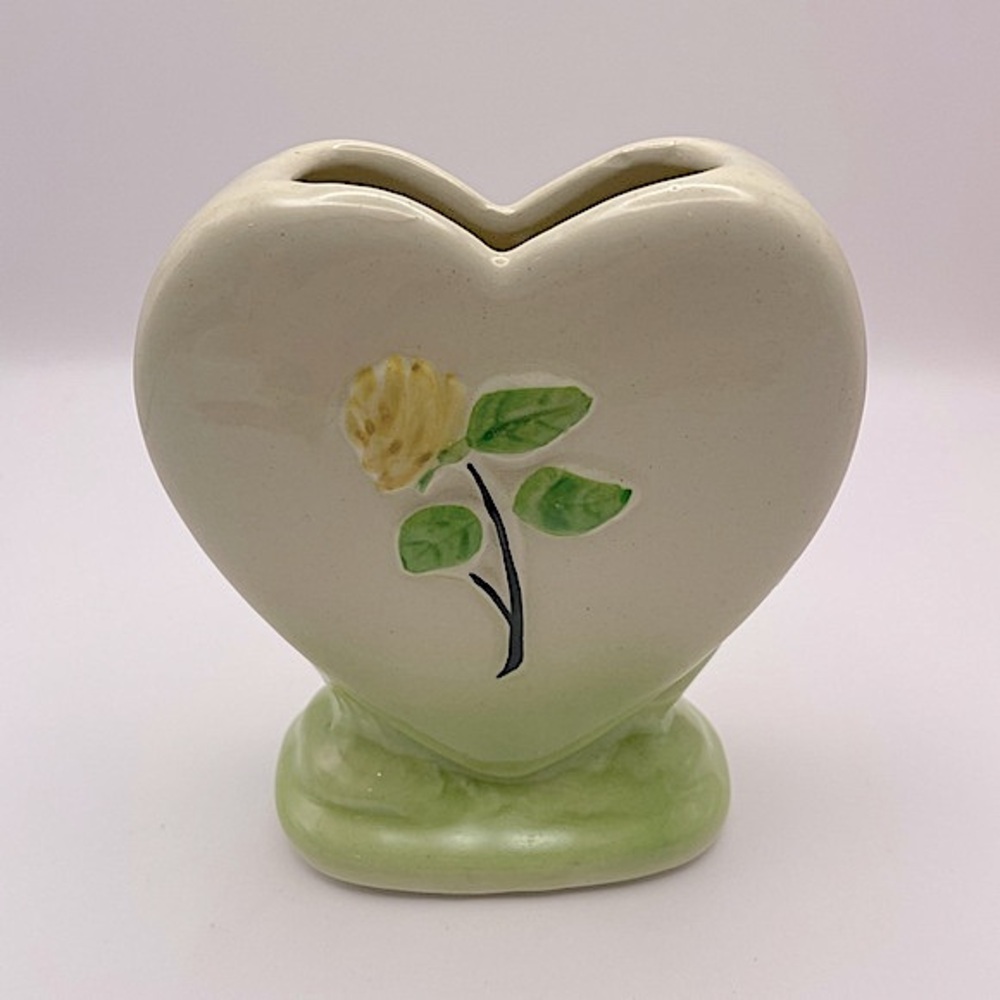 Vintage, Hull, Heart Ceramic Vase with Hand Painted Yellow Rose, Marked H-1 USA.